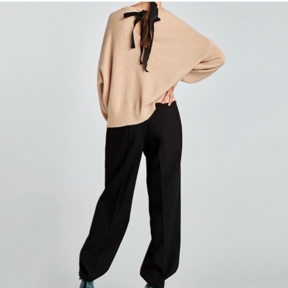 Zara Knit Tie Back Oat Ribbed Semi Crop Sweater GUC - Picture 1 of 14